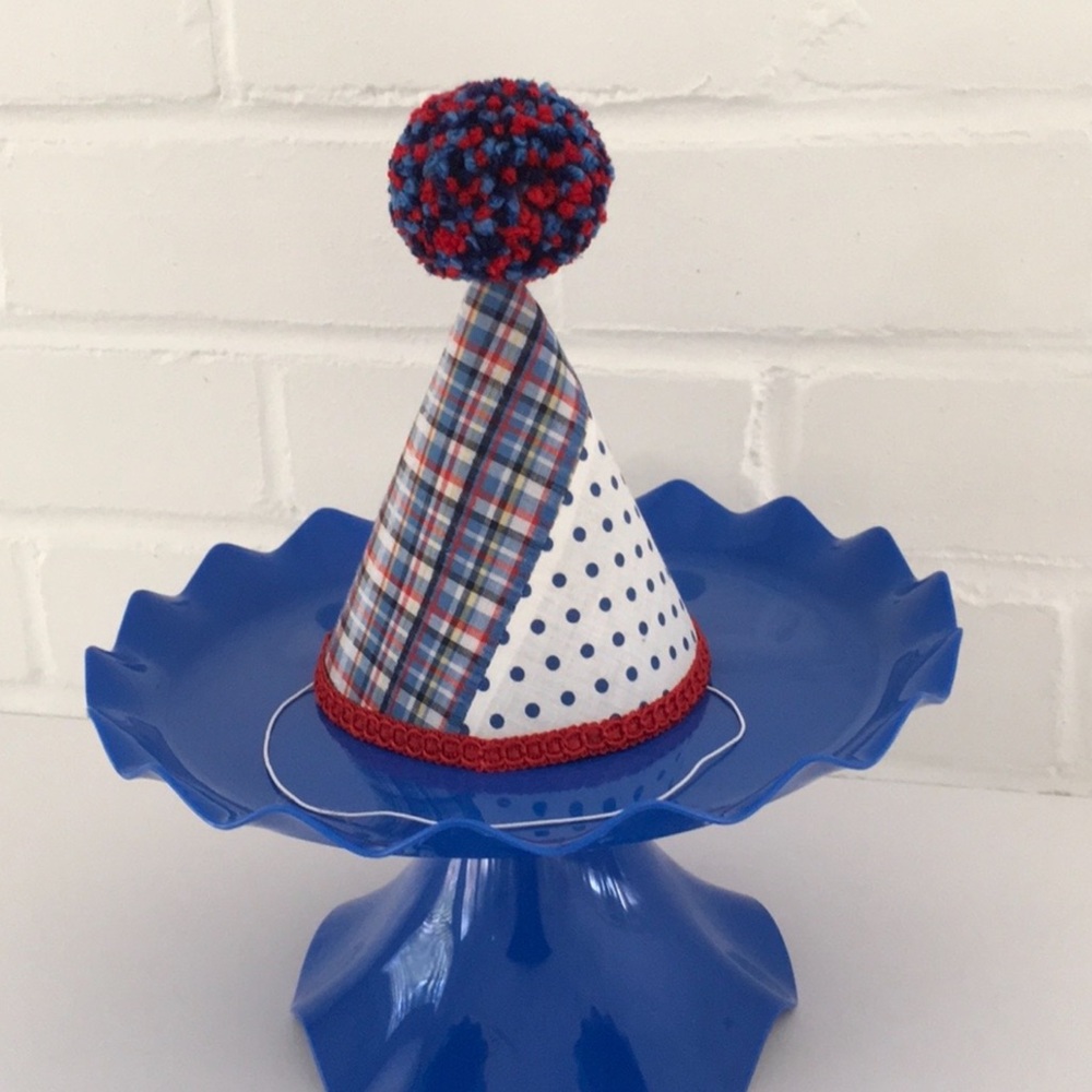 Boys Or Girls Whimsical Blue, Red & White Party Birthday Hat With Pom Pom